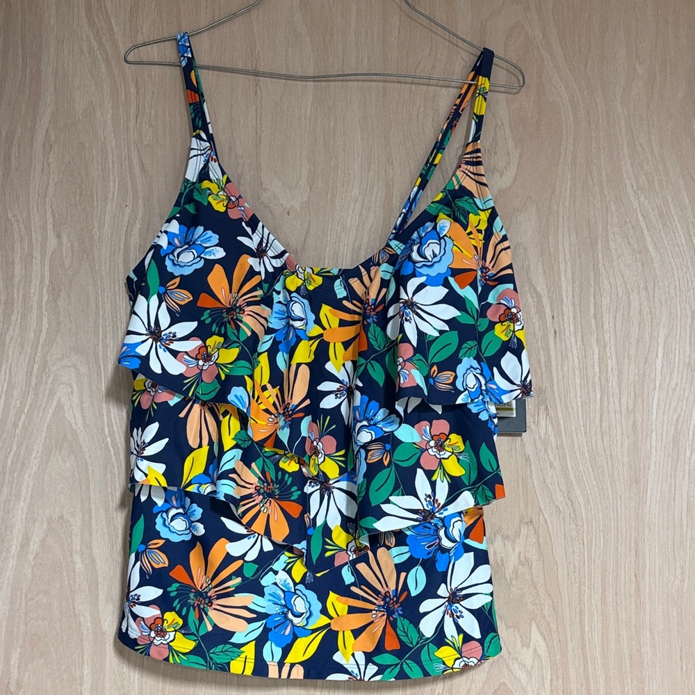 Ellen Tracy Navy Floral Ruffle Swim Tankini Top with Bright Blooms